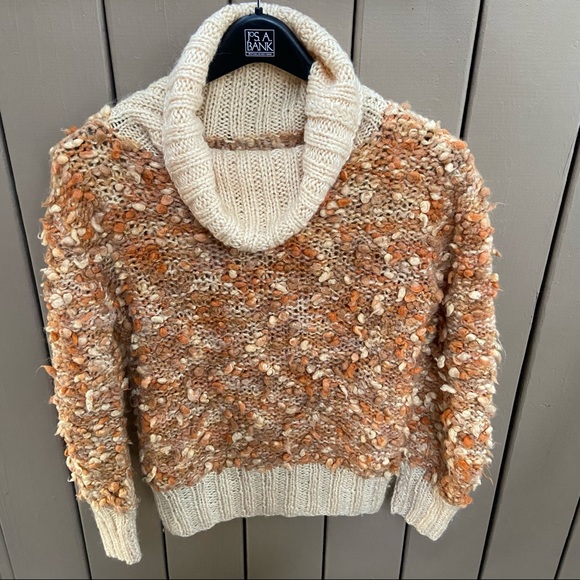 Cowl turtleneck unique poof puff natural earthy color knit sweater - Picture 2 of 5